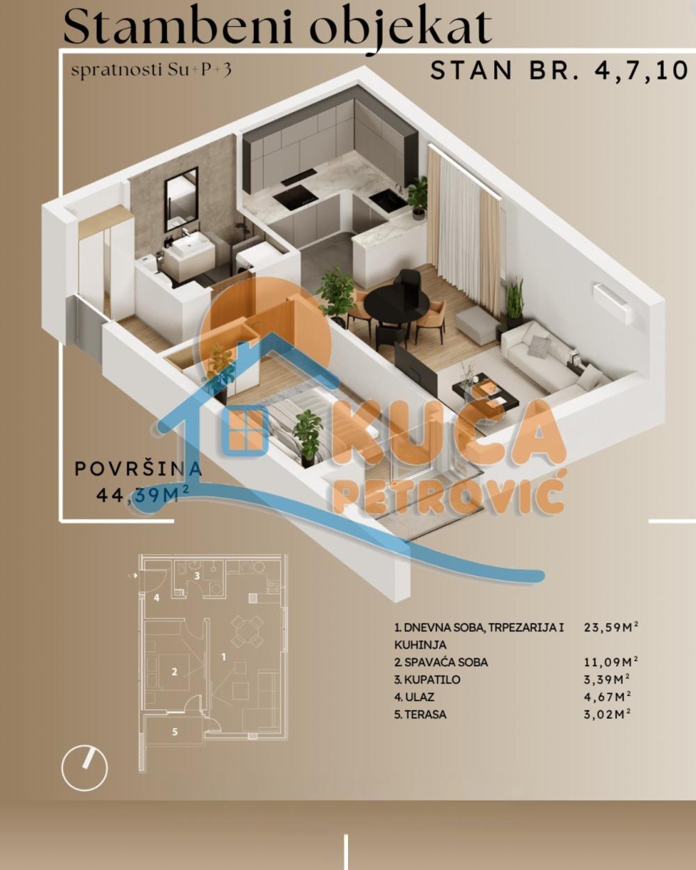 Slika 4 - Stan u zgradi, novogradnja, uknjižen, etažno grejanje, oglas ID p-015883