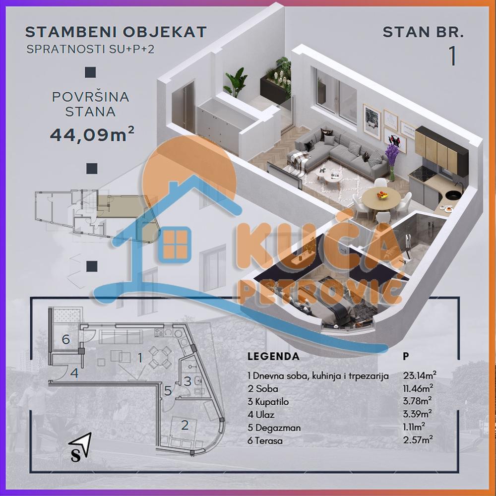 Slika 2 - Stan u zgradi, novogradnja, uknjižen, etažno grejanje, oglas ID p-014924